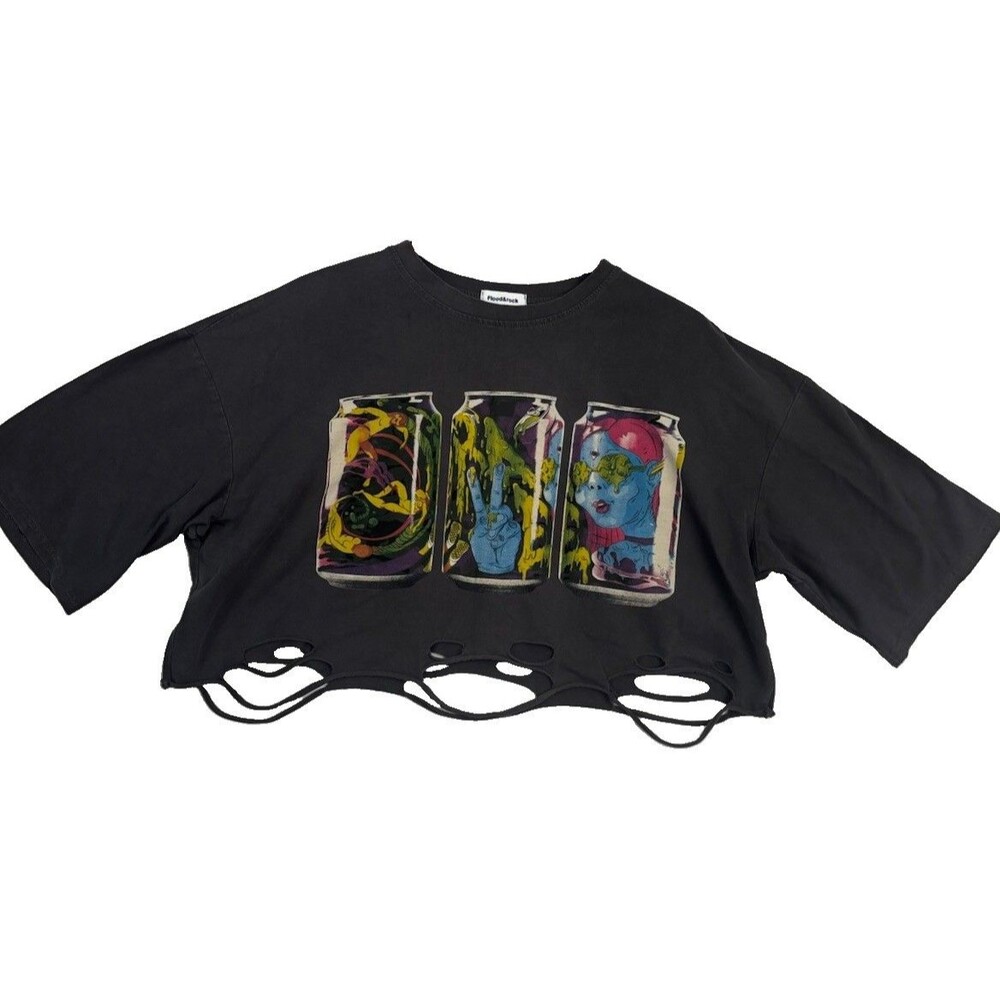 Flood & Rock Distressed Cropped Graphic T Shirt Women’s Oversized Gray Goth Punk